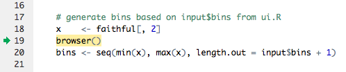 Code with the line 'browser()' added below where the breakpoint was set.
