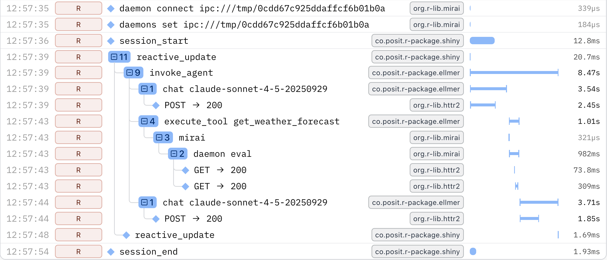 Logfire trace with async tool call