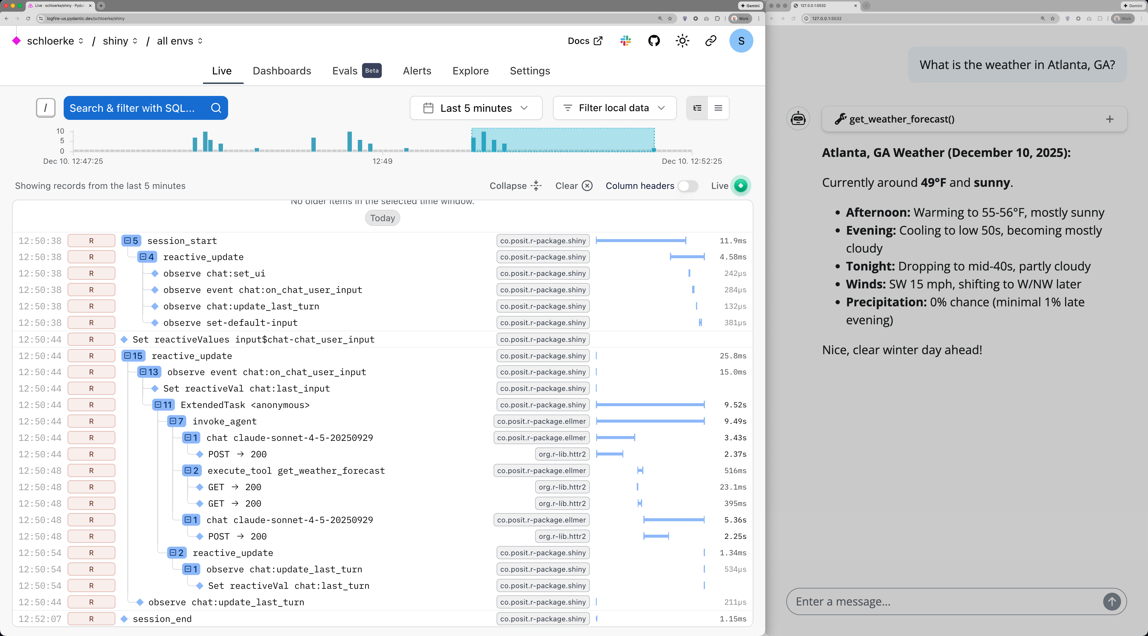 OpenTelemetry trace of chat app with weather tool